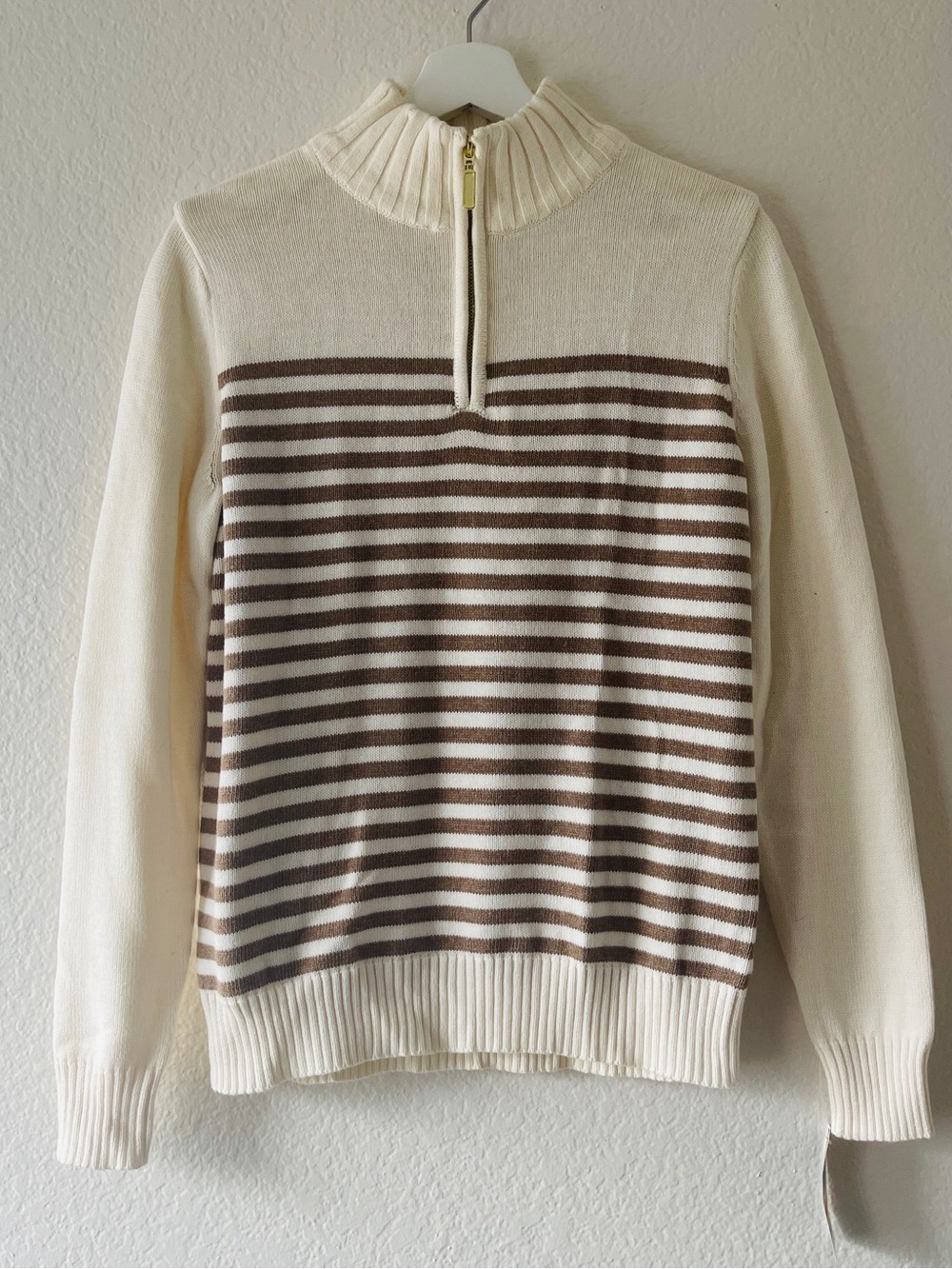 Karen Scott Cream Half-Zip Sweater with Brown Stripes